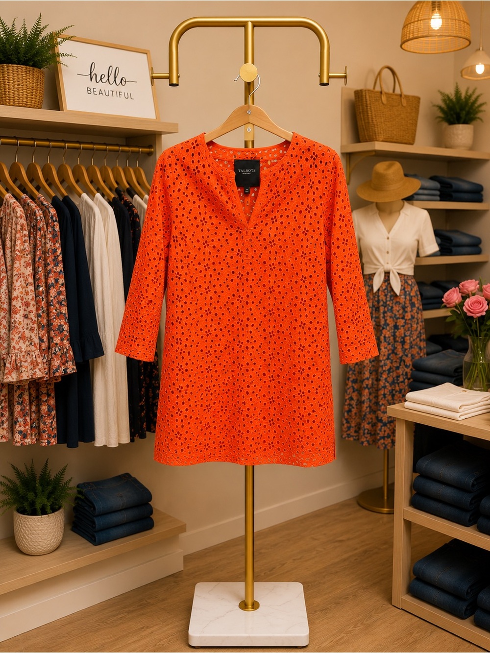 Talbots Orange Eyelet Notch-Neck Tunic